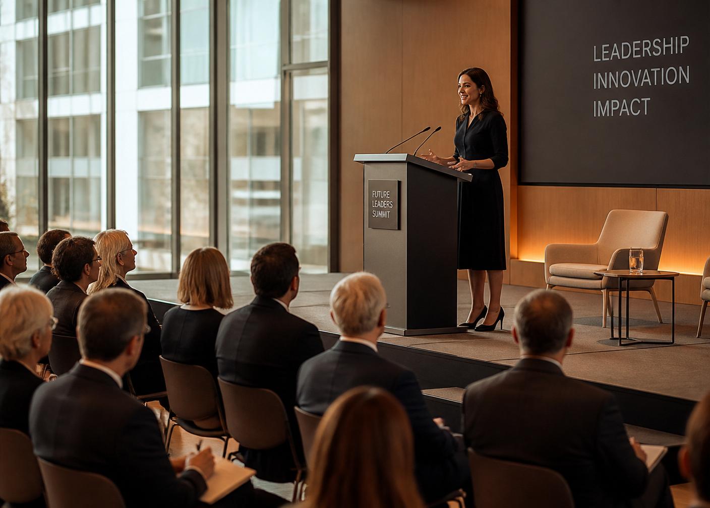 A keynote speaker addressing an audience of senior professionals in a modern venue